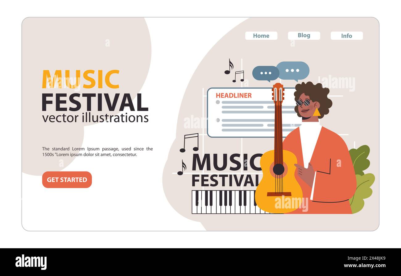Musician grinning with her guitar, ready to be the headliner at the Music Festival. Notes float around as excitement builds for her performance. Flat vector illustration Stock Vector