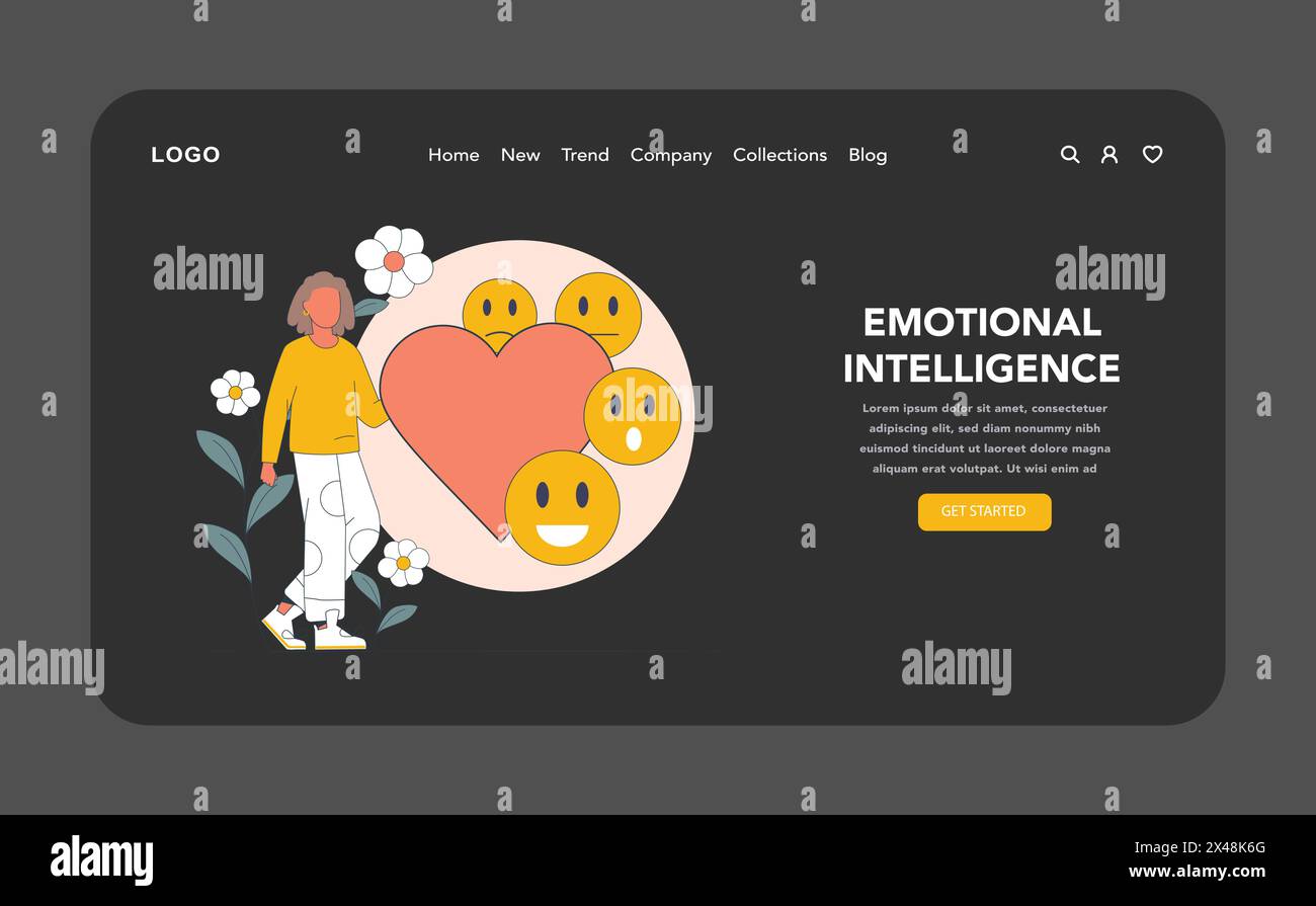 Emotional Intelligence night or dark mode web or landing page. An evocative illustration that delves into emotional intelligence, exploring emotion management and the power of empathy. Stock Vector