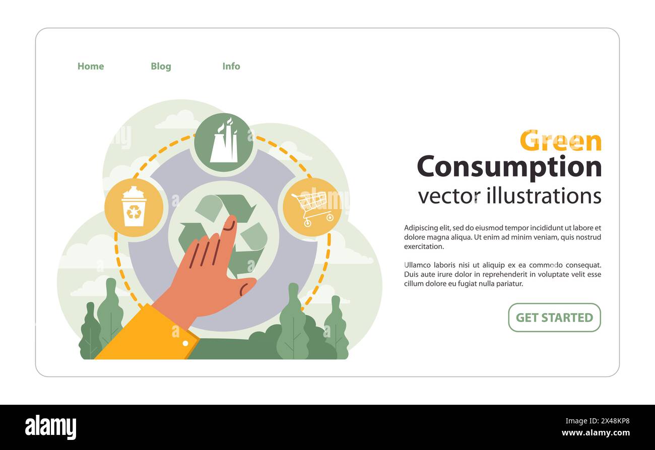 Hand selects eco-friendly practices in green consumption. Icons signify sustainable shopping, recycling, and eco packaging. Making responsible choices for the planet. Flat vector illustration Stock Vector