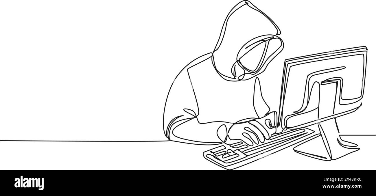 continuous single line drawing of computer hacker stereotype, line art vector illustration Stock Vector