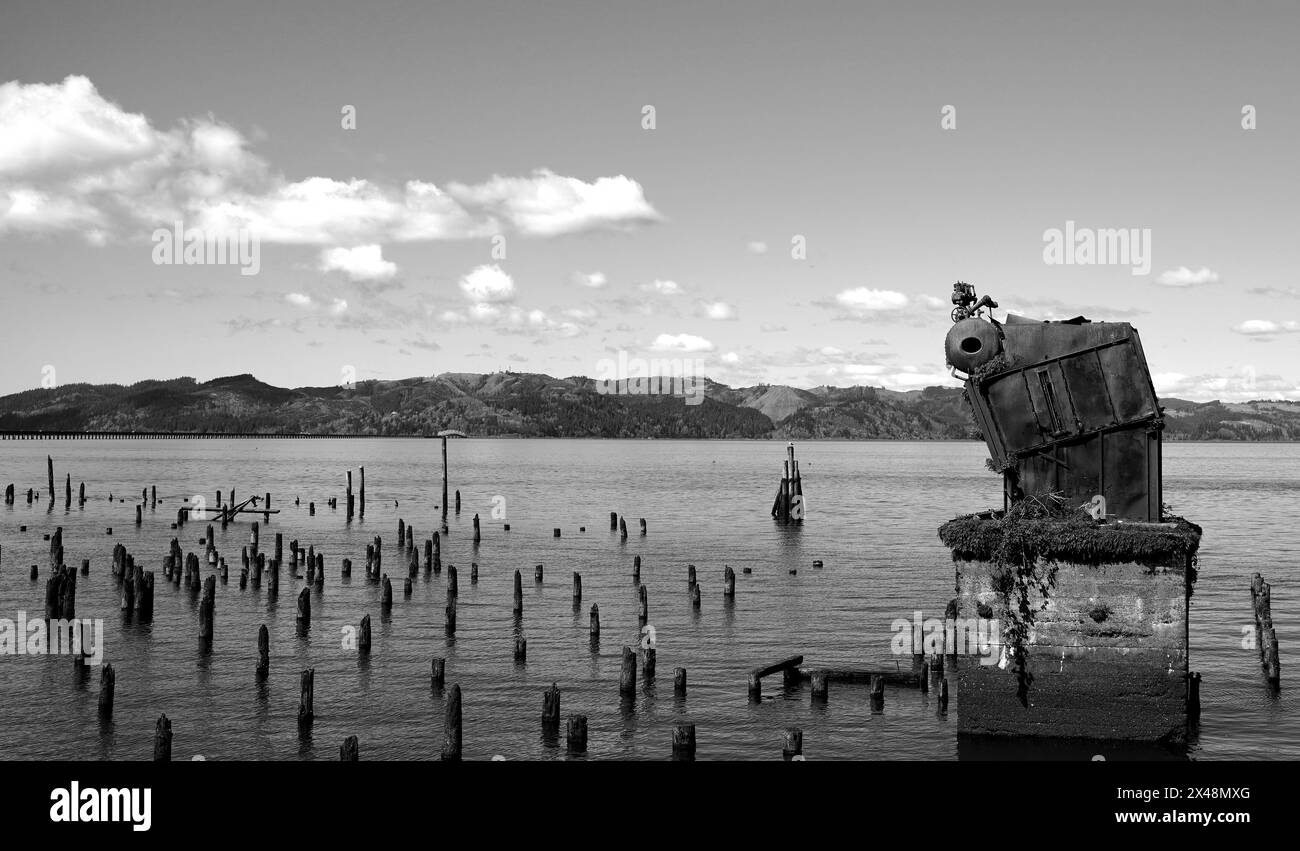 Industial ruins on the banks of the Columbia River. Stock Photo