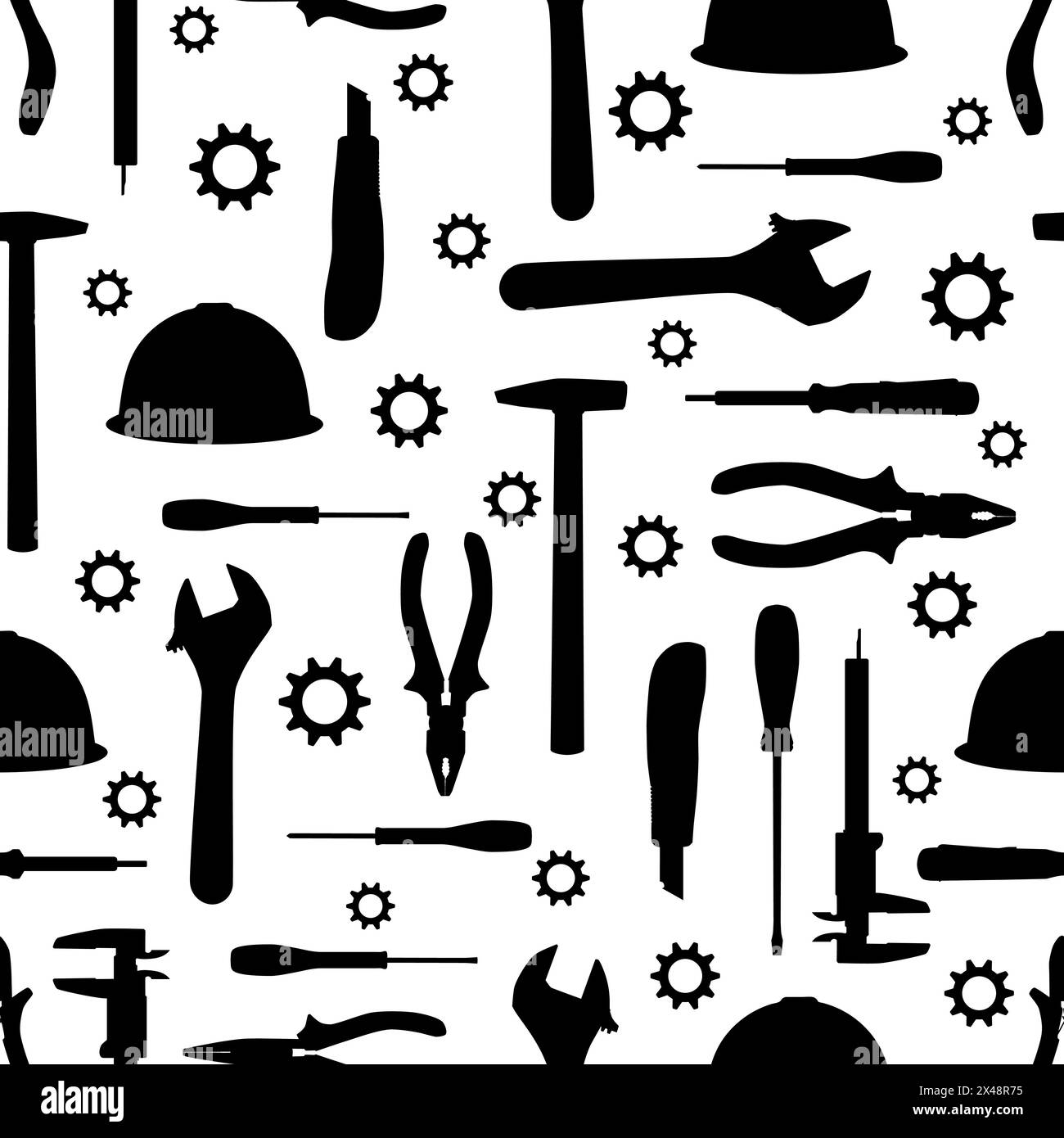 Work tools vector seamless pattern. Electrician, construction worker, repairman hand tools silhouettes wallpaper, background. Stock Vector