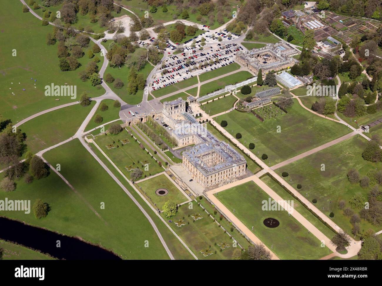 aerial view of the Chatsworth House Estate, Derbyshire Stock Photo