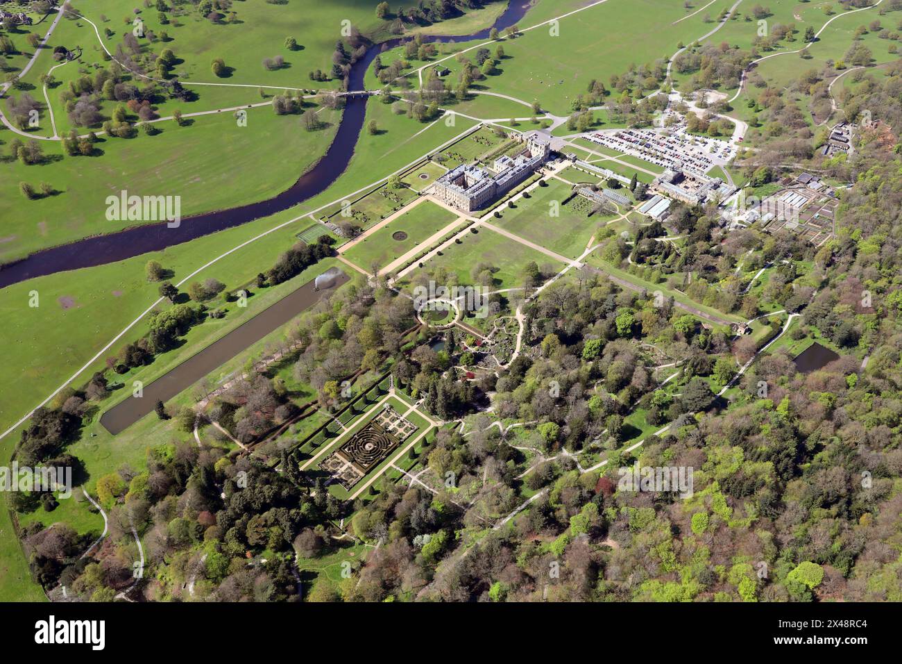 aerial view of the Chatsworth House Estate, Derbyshire Stock Photo