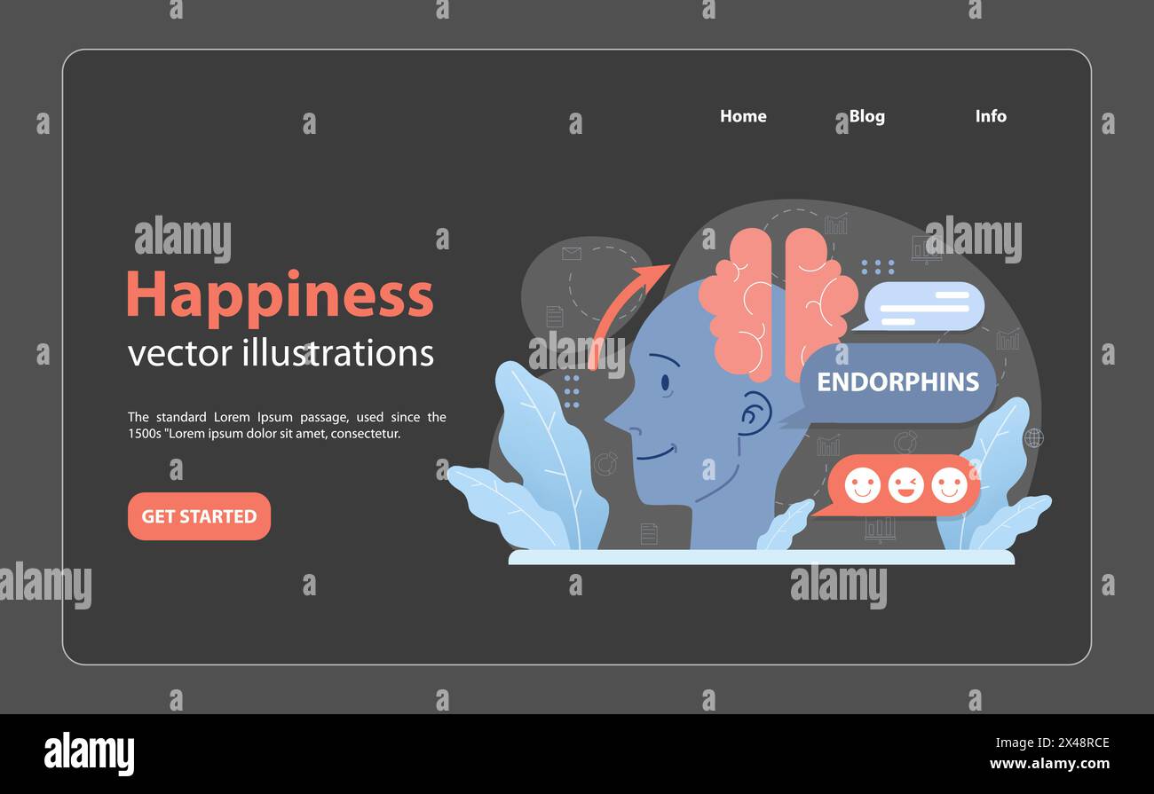 Brain's joy journey. Highlighting the release of endorphins, the feel-good chemicals, this illustration visualizes the connection between positive stimuli and a happy mood. Happiness in neuroscience Stock Vector