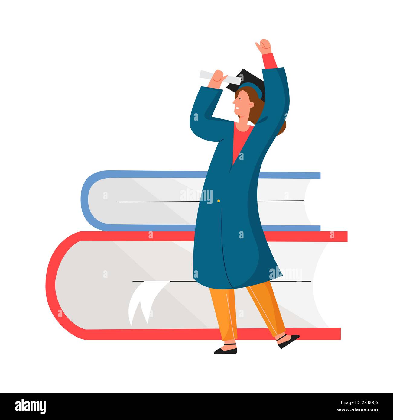 Happy student in gown and graduation cap holding diploma near giant stack of books and textbooks vector illustration Stock Vector