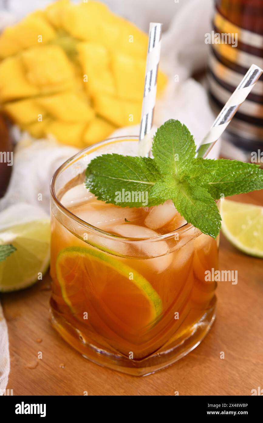 Mango iced tea with lime and mint has the perfect ratio of juice, tea
