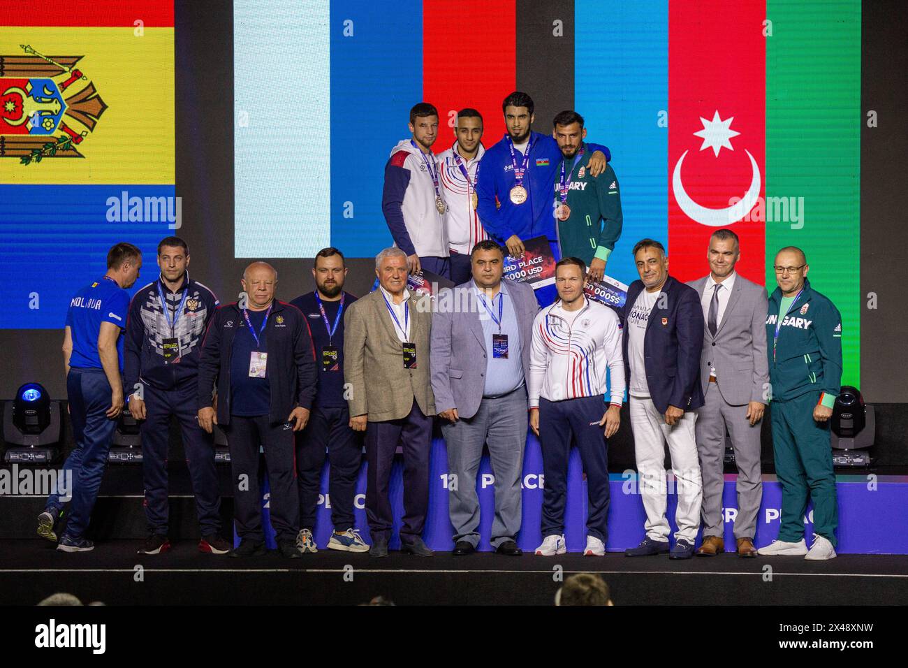 Light Welterweight (M63.5kg) Alexandru Paraschiv Moldavia Silver, Gabil Mamedov Russia Gold, Malik Hasanov Azerbajan Bronze, Richard Kovacs Hungaria Stock Photo