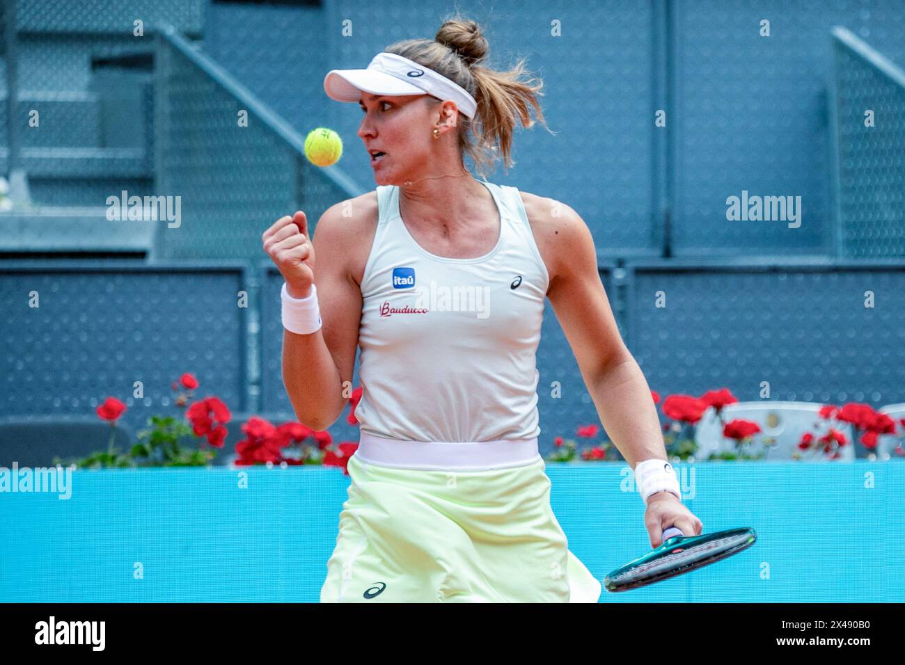 Madrid, Spain. 30th Apr, 2024. Brazilian tennis player Beatriz Haddad Maia, celebrates after winning a point during a tennis match on the main court of Madrid's Caja Magica. The Polish Iga Swiatek defeated the Brazilian Beatriz Haddad Maia with sets of 4-6, 6-0 and 6-2 in their women's quarterfinal match on the eighth day of the Mutua Madrid Open at La Caja M·gica in Madrid. Credit: SOPA Images Limited/Alamy Live News Stock Photo