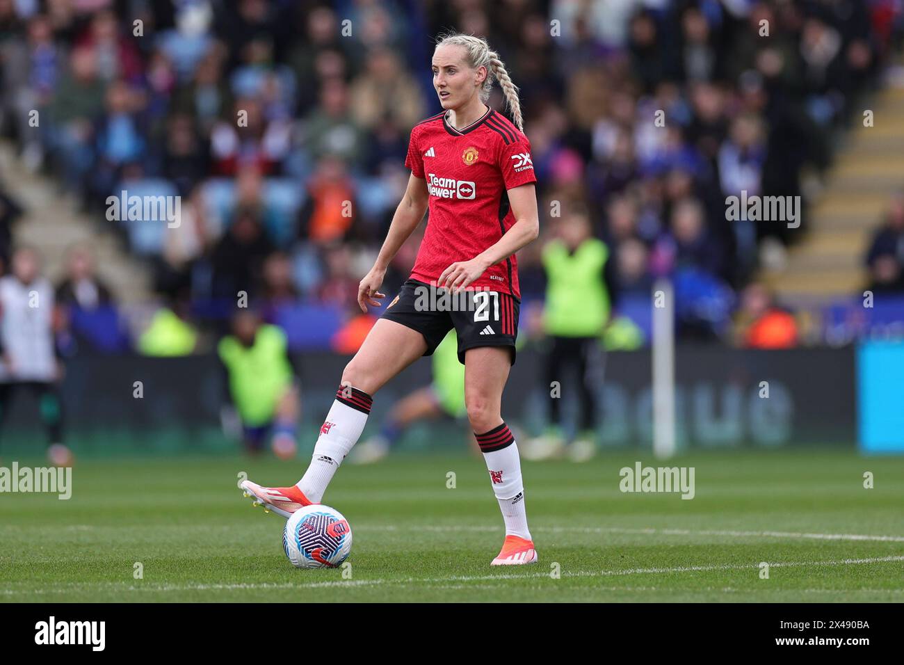 Millie Turner of Manchester United during the Barclays WomenÕs Super League match between Leicester City and Manchester United. Stock Photo