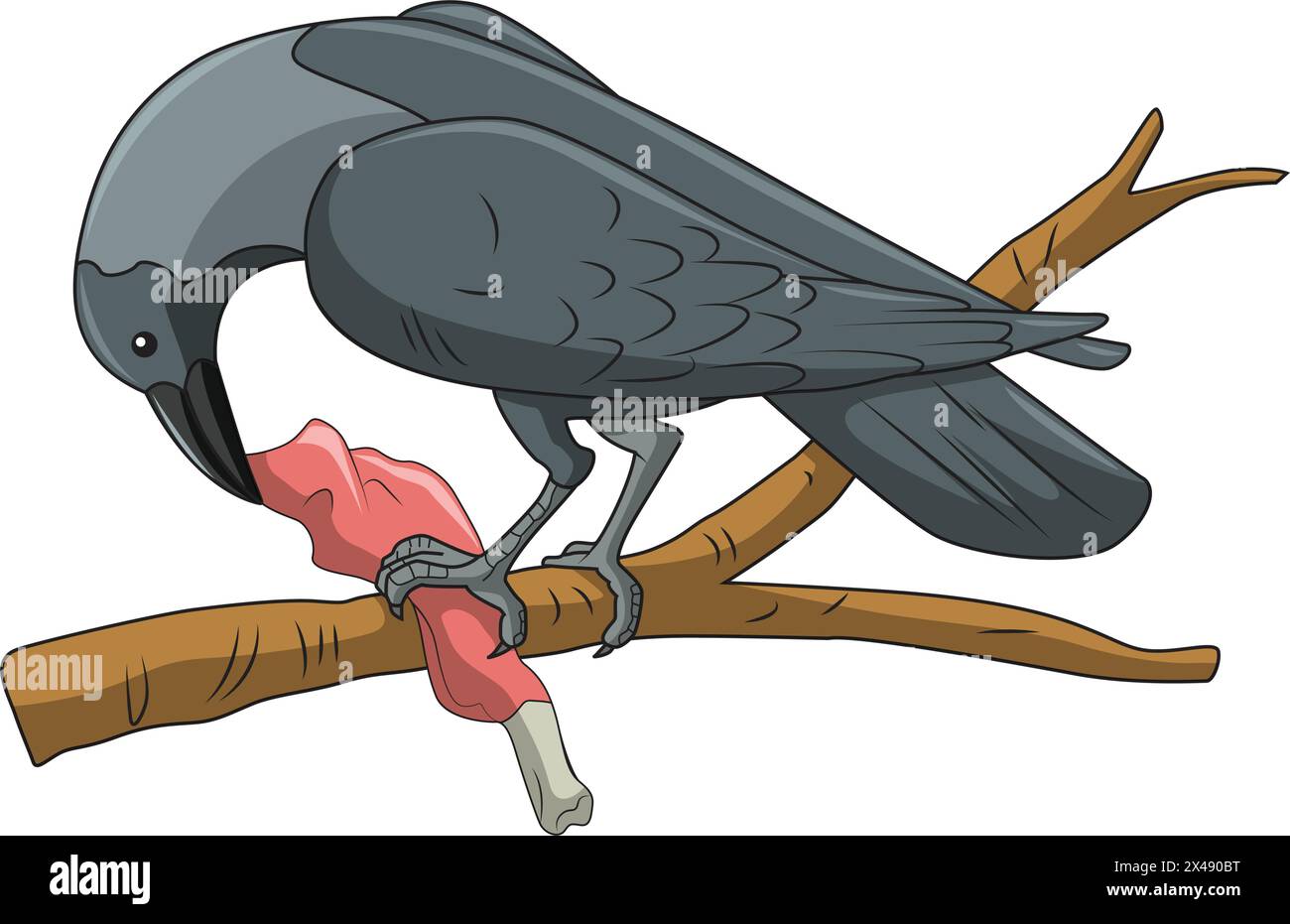 A crow having a meat piece while sitting on a tree branch Stock Vector