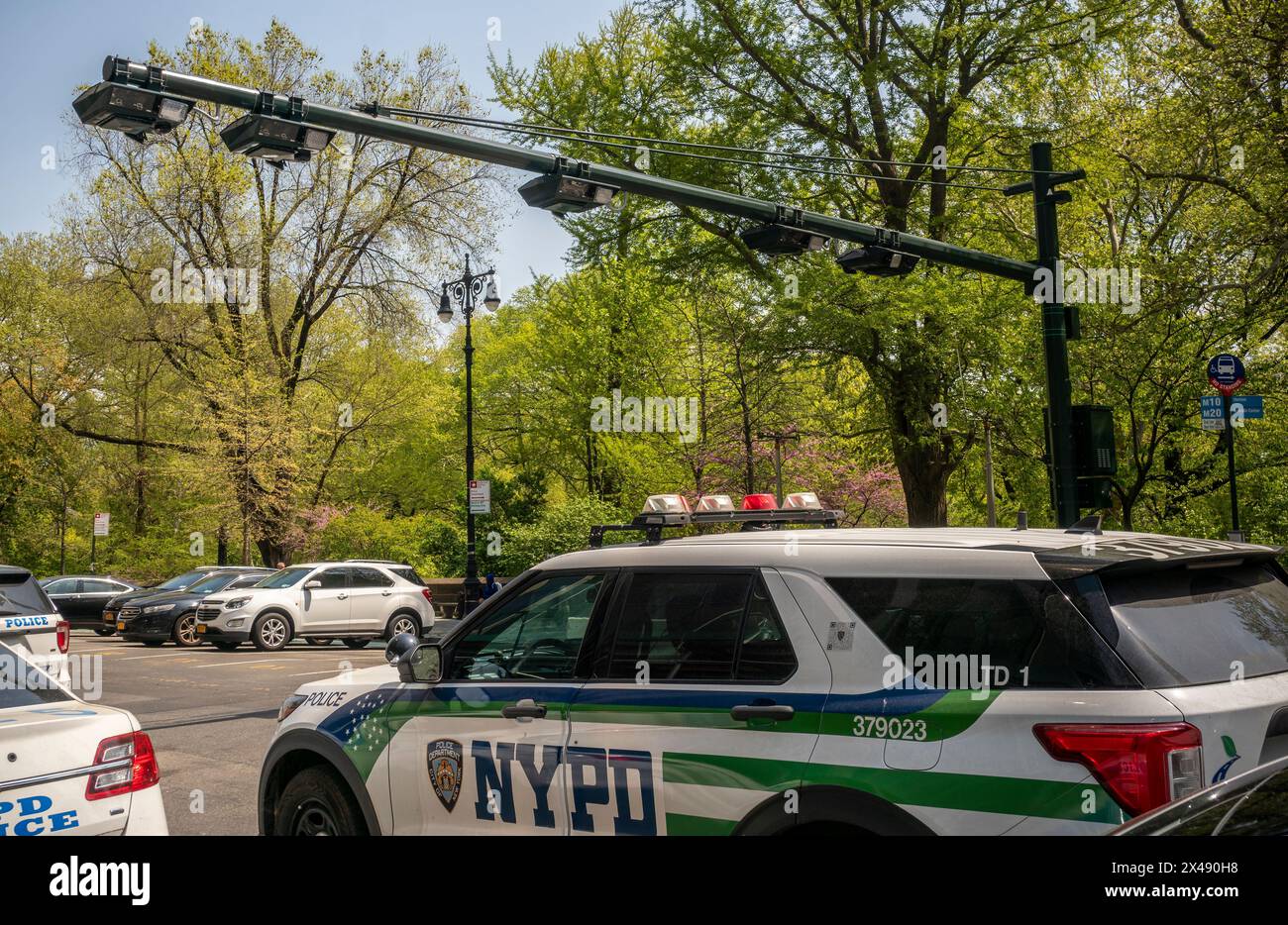 Congestion pricing scanners installed on Central Park West at Columbus Circle in New York on Sunday, April 28, 2024  Congestion pricing for drivers entering Manhattan south of 60th St is scheduled to start around June 30. (© Richard B. Levine) Stock Photo