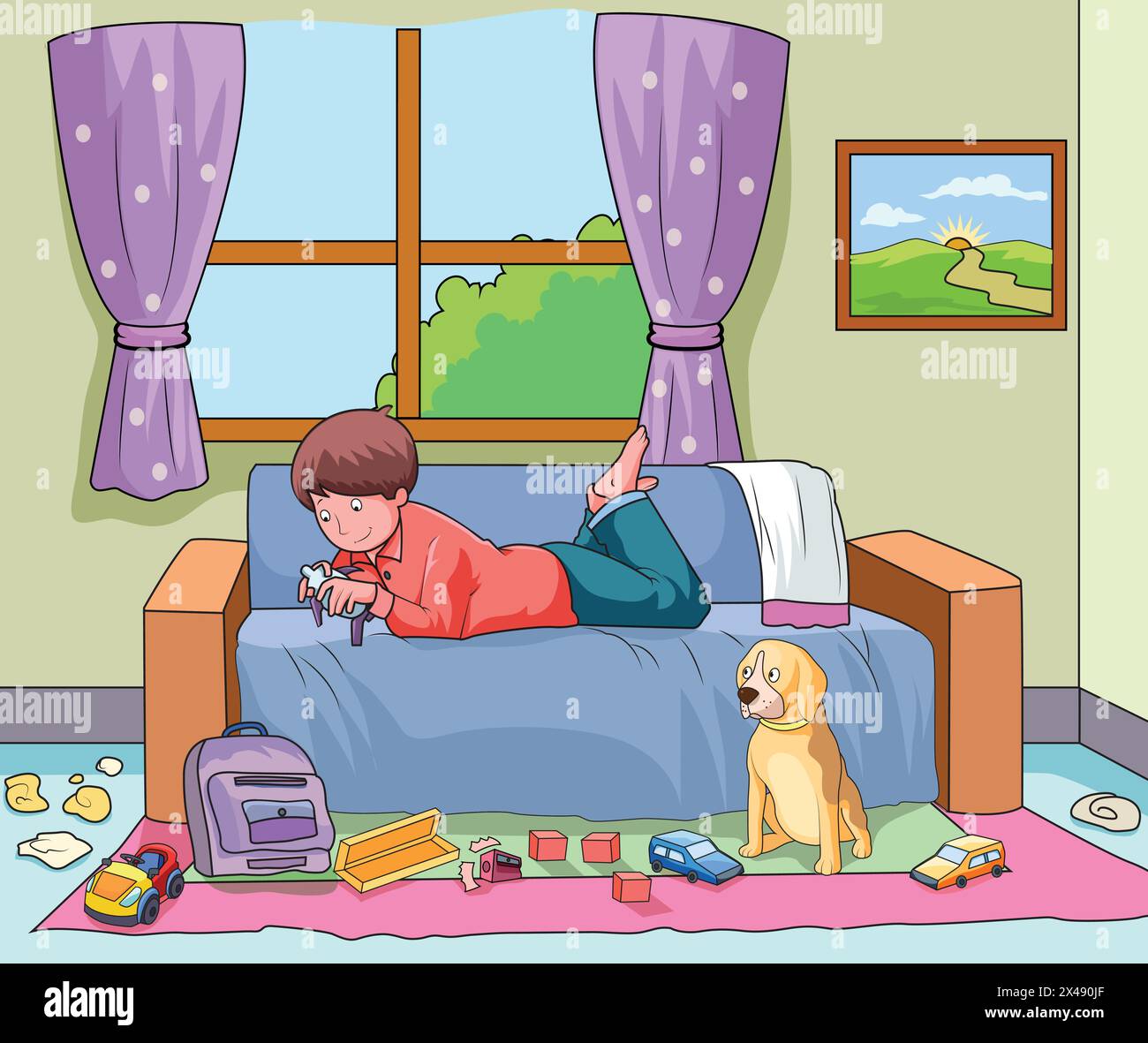 Cute boy enjoying in his living room with his pet dog Stock Vector