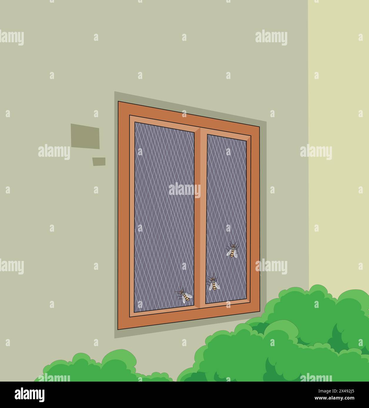 Outside of a house with flies sitting on the window Stock Vector Image