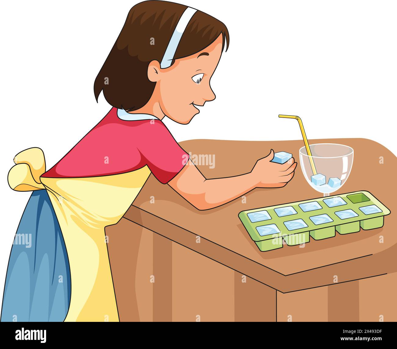 Cute girl smiling and putting ice cubes from the ice tray to the glass Stock Vector