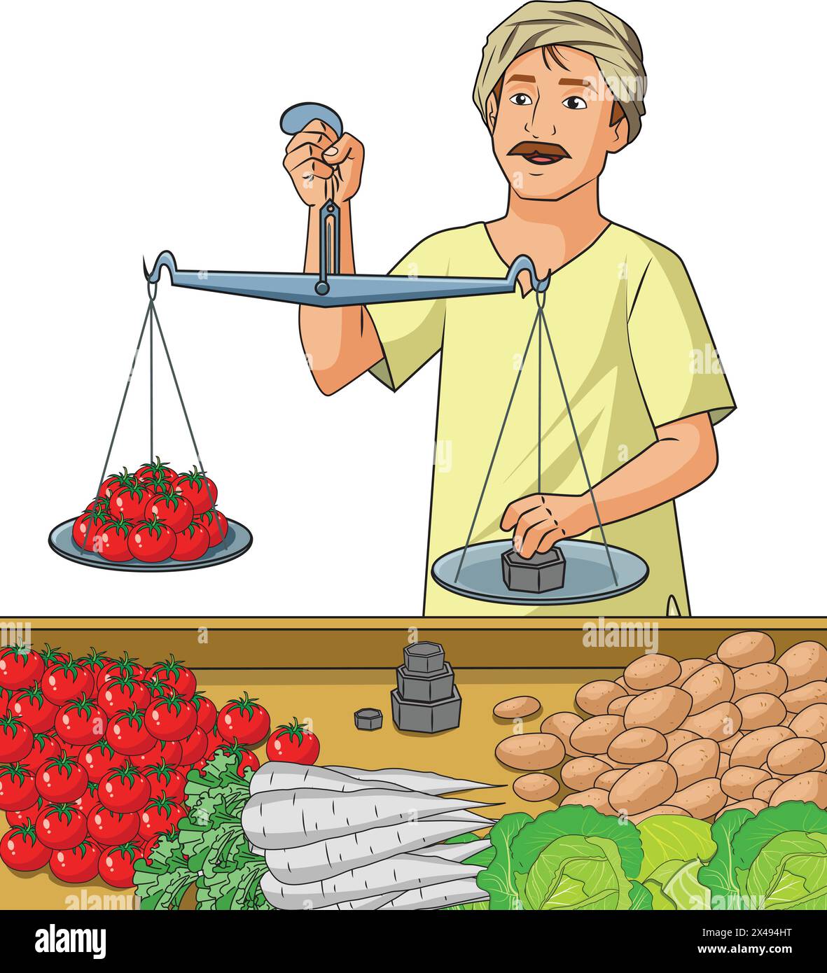 A greengrocer measuring tomatoes using a measuring scale with different vegetables placed on the counter Stock Vector