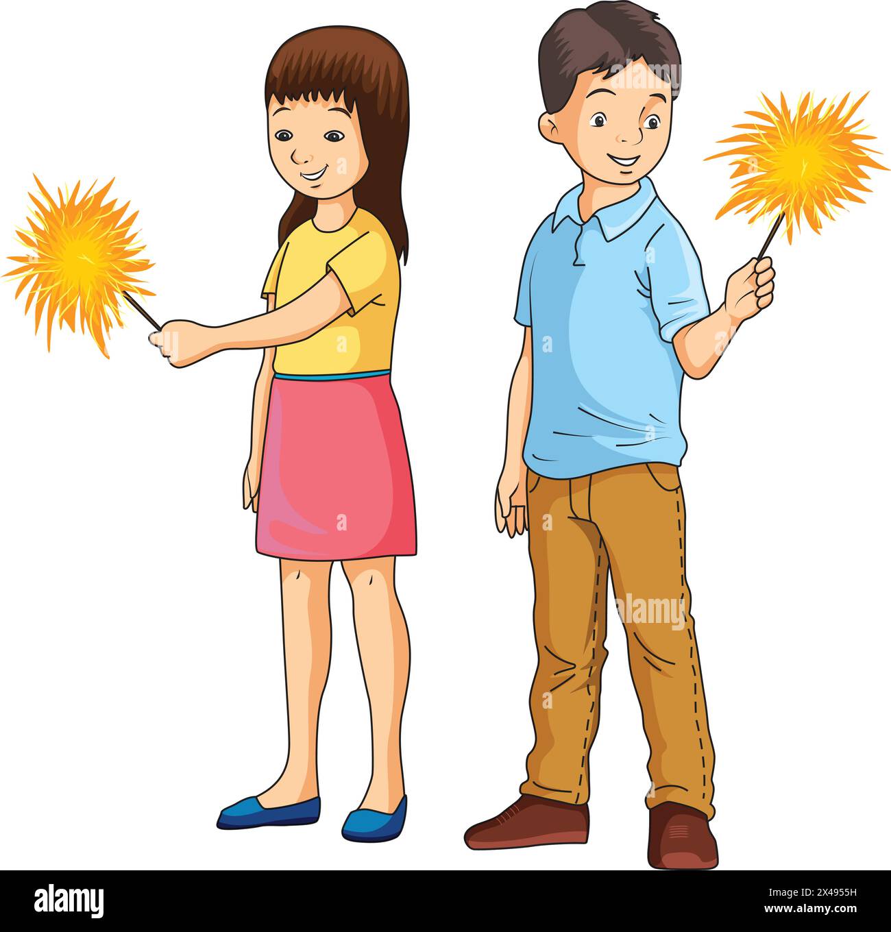 Cute boy and girl celebrating diwali by lighting firecrackers Stock Vector