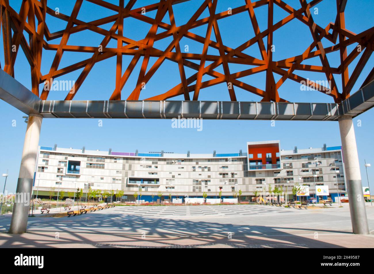 Hemiciclo solar building, view from below a modern sculpture. Plaza del Sol, Mostoles, Madrid province, Spain. Stock Photo