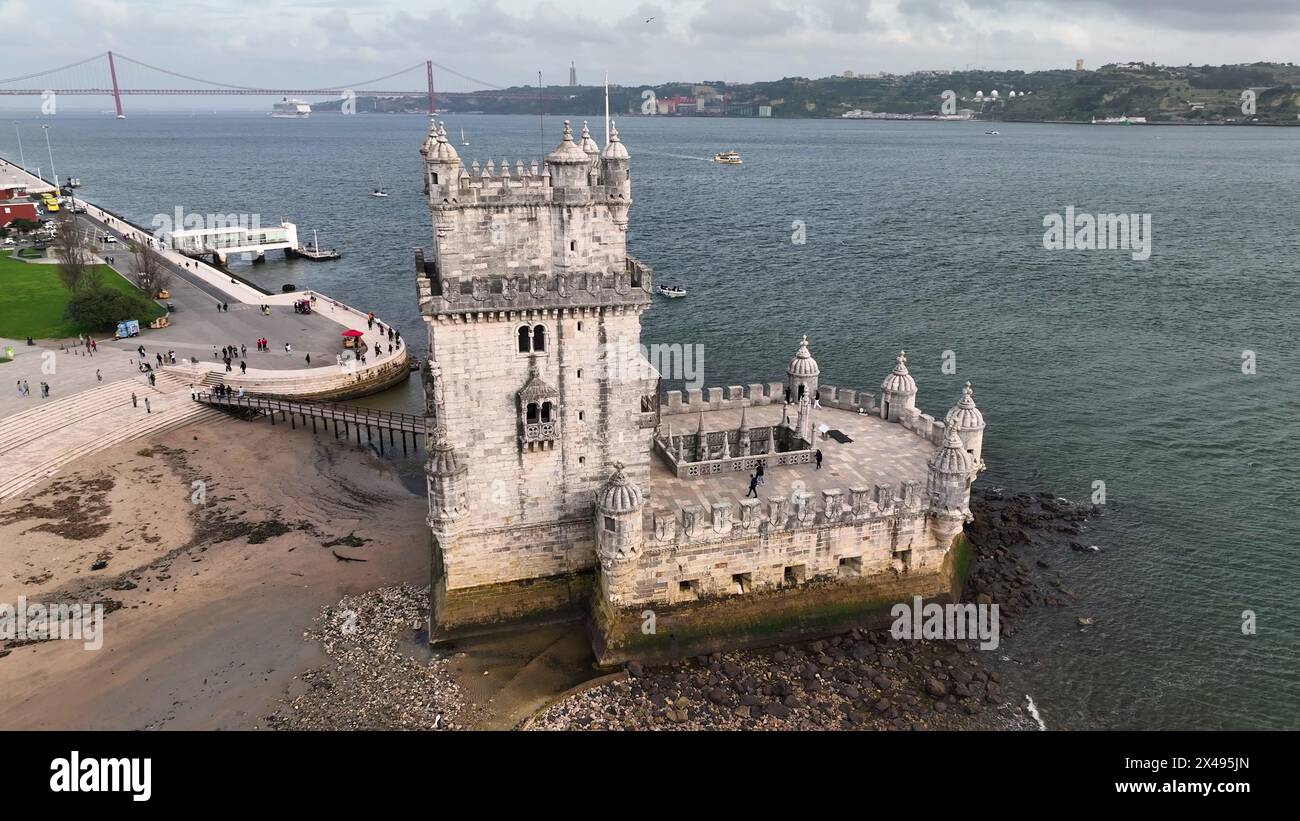 4k Aerial view of Belem Tower, Torre de Belem, Tower of Saint Vincent ...