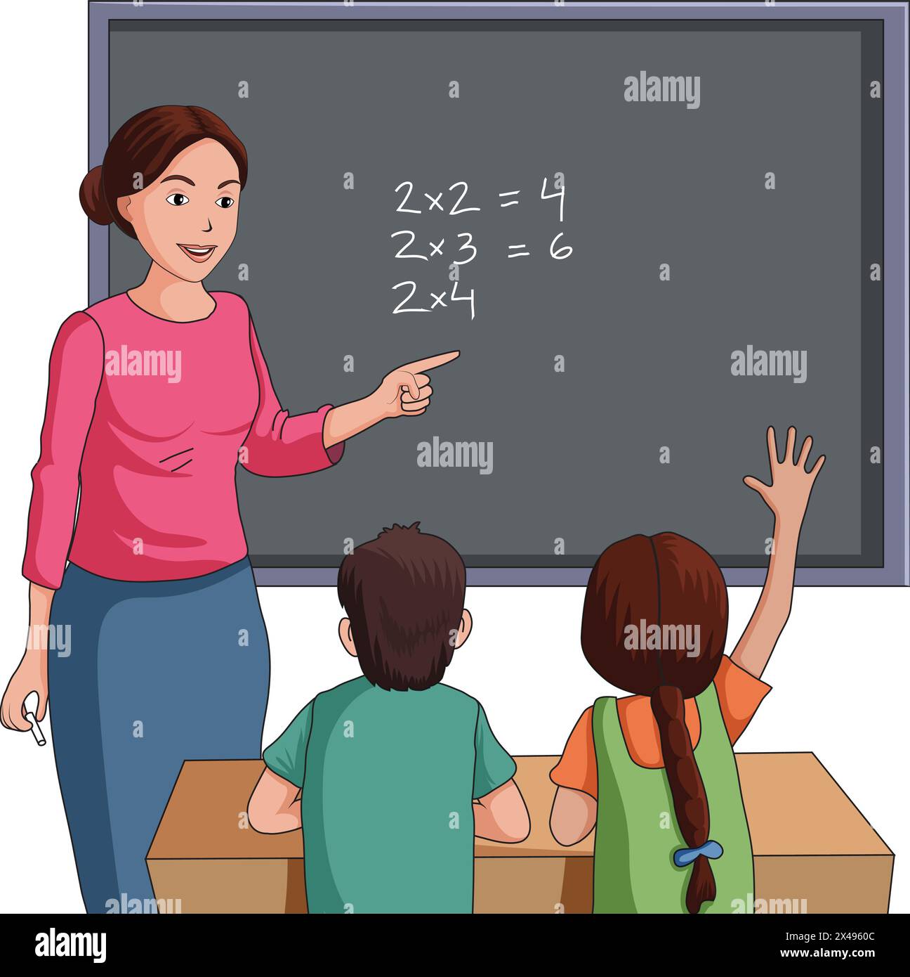 Illustration showing a classroom scene with teacher teaching and students learning Stock Vector