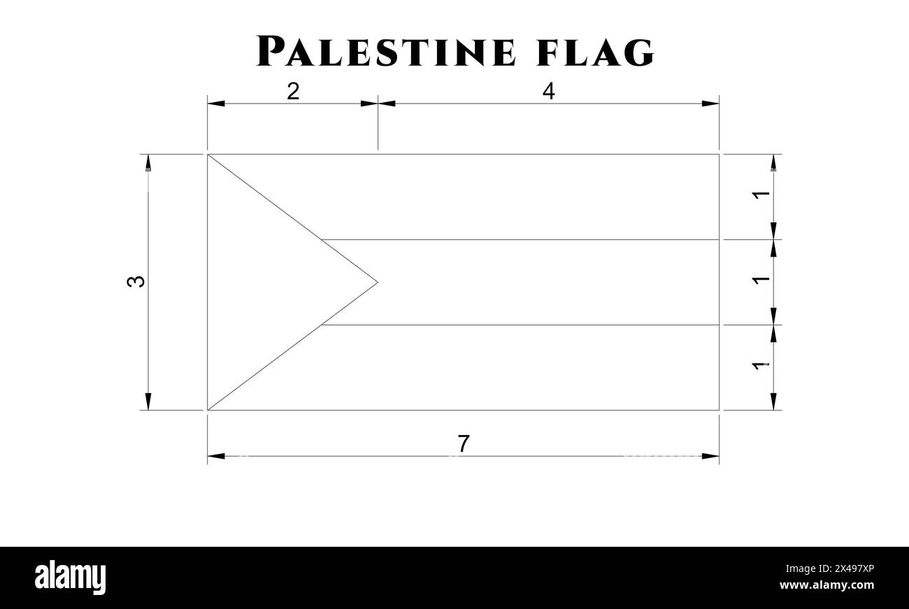flag of Palestine, black and white to draw of the Palestinian flag, and dimensions with proportion for drawing, for laboratory of school or drawing, Stock Photo