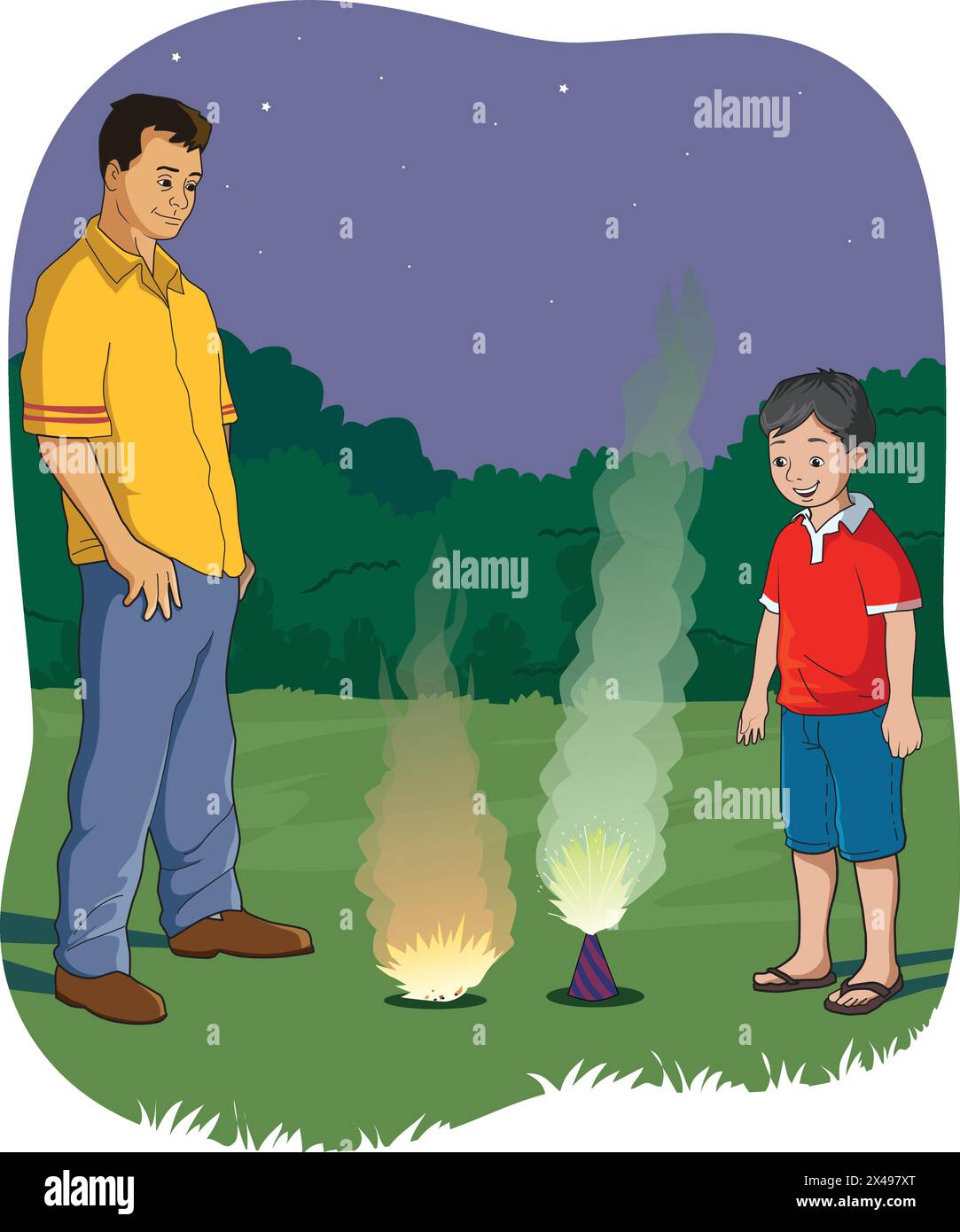 Young man and little boy celebrating Diwali by bursting firecrackers Stock Vector