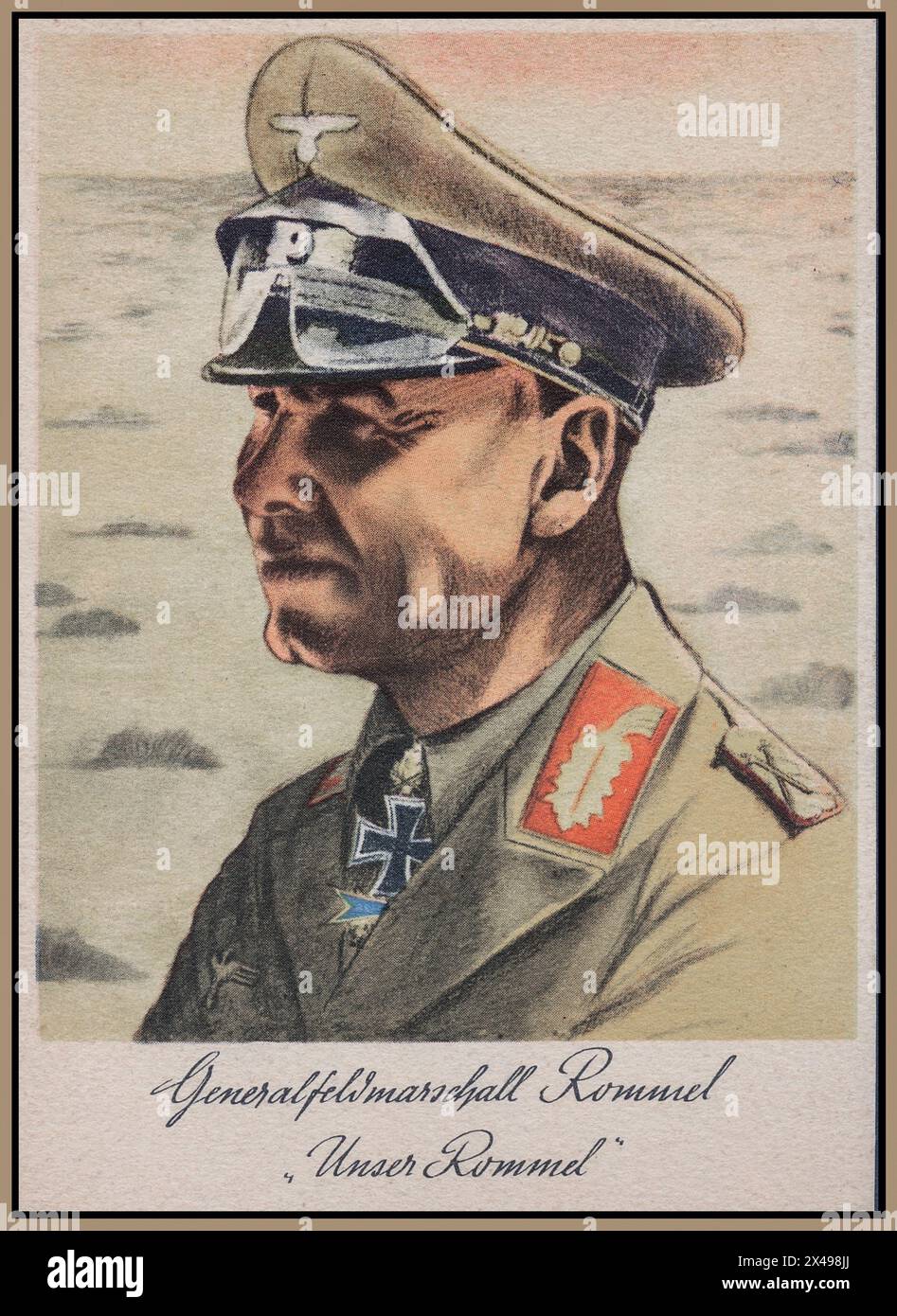 WW2 ROMMEL General Field Marshal Rommel 'OUR ROMMEL''Unser Rommel' Johannes Erwin Eugen Rommel 15 November 1891 – 14 October 1944) was a German Generalfeldmarschall (field marshal) during World War II. Popularly known as the Desert Fox ,he served in the Wehrmacht (armed forces) of Nazi Germany.. Seen here in North Africa tropical military uniform with his trademark visor goggles.World War II Second World War North Africa Campaign Stock Photo