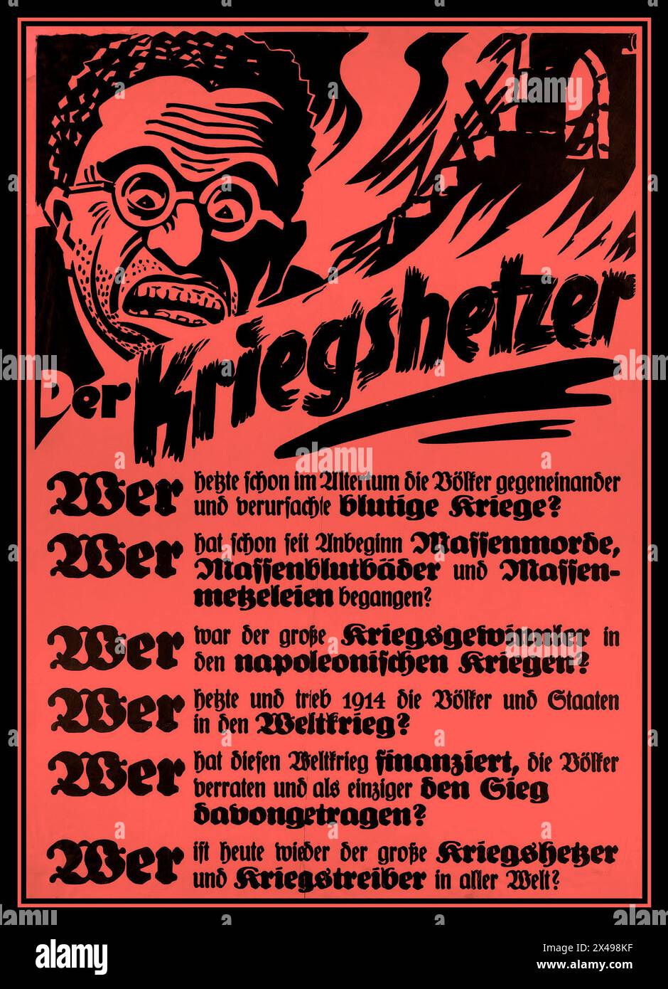Der Kriegshetzer 'THE WARMONGER' anti semitic anti jewish Nazi Propaganda blaming the Jewish people for making war over the years including the Napoleonic Wars and many others as listed. Nazi Germany Date:1939-1945 Stock Photo