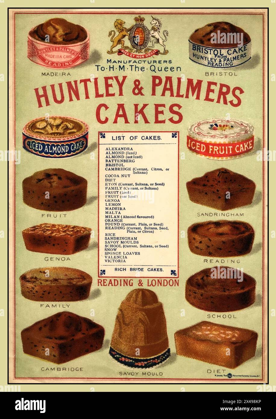 Vintage CAKES poster for Huntley & Palmers Cakes 1900's. Variety of cakes illustrated including, Madeira,Bristol, Iced Almond Cake, Fruit, Genoa, Cakes Etc By Royal Appointment to HM The Queen. Wide selection of British English Traditional cakes. Stock Photo