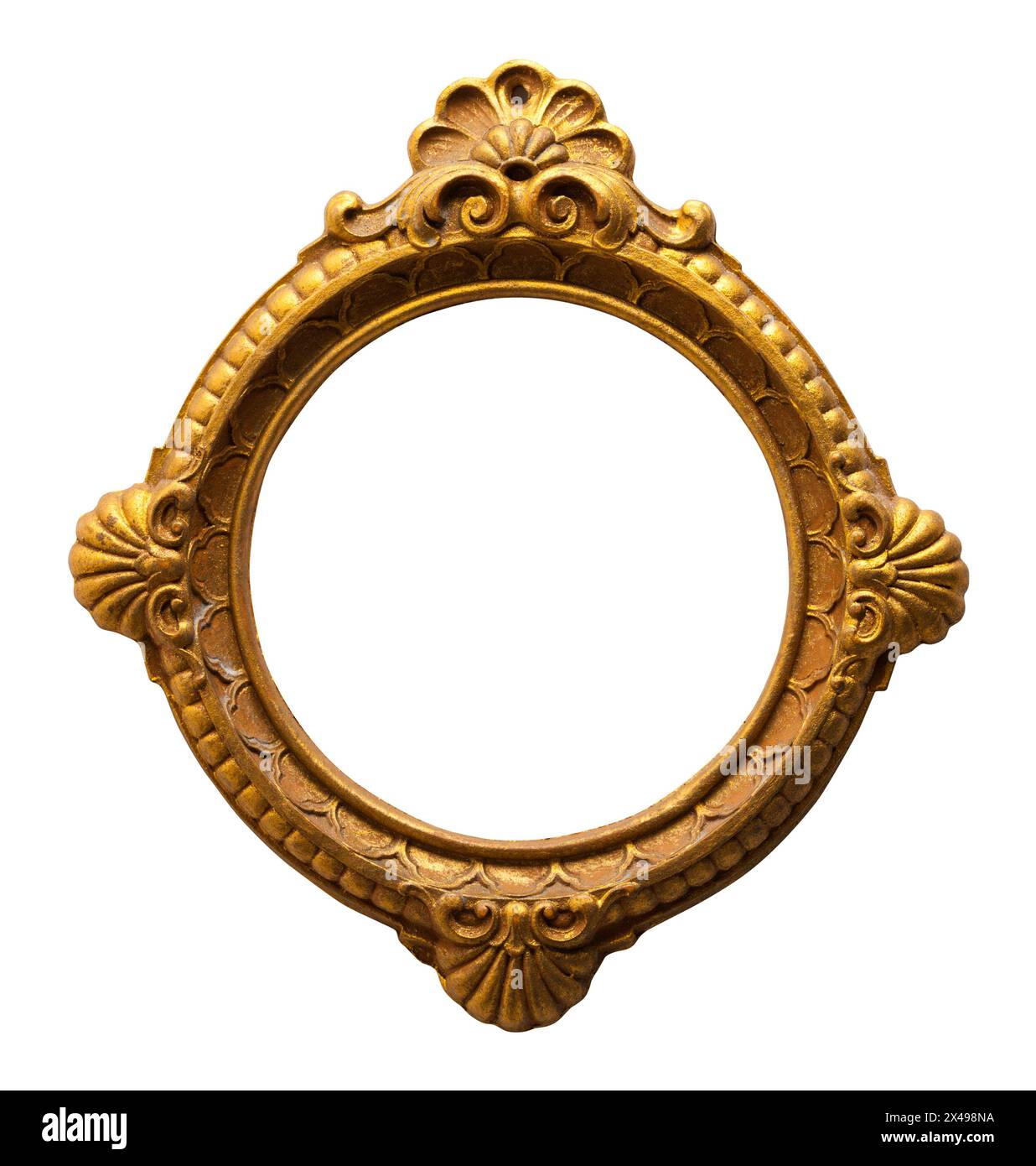 Round Gold Picture Frame Cut Out on White. Stock Photo