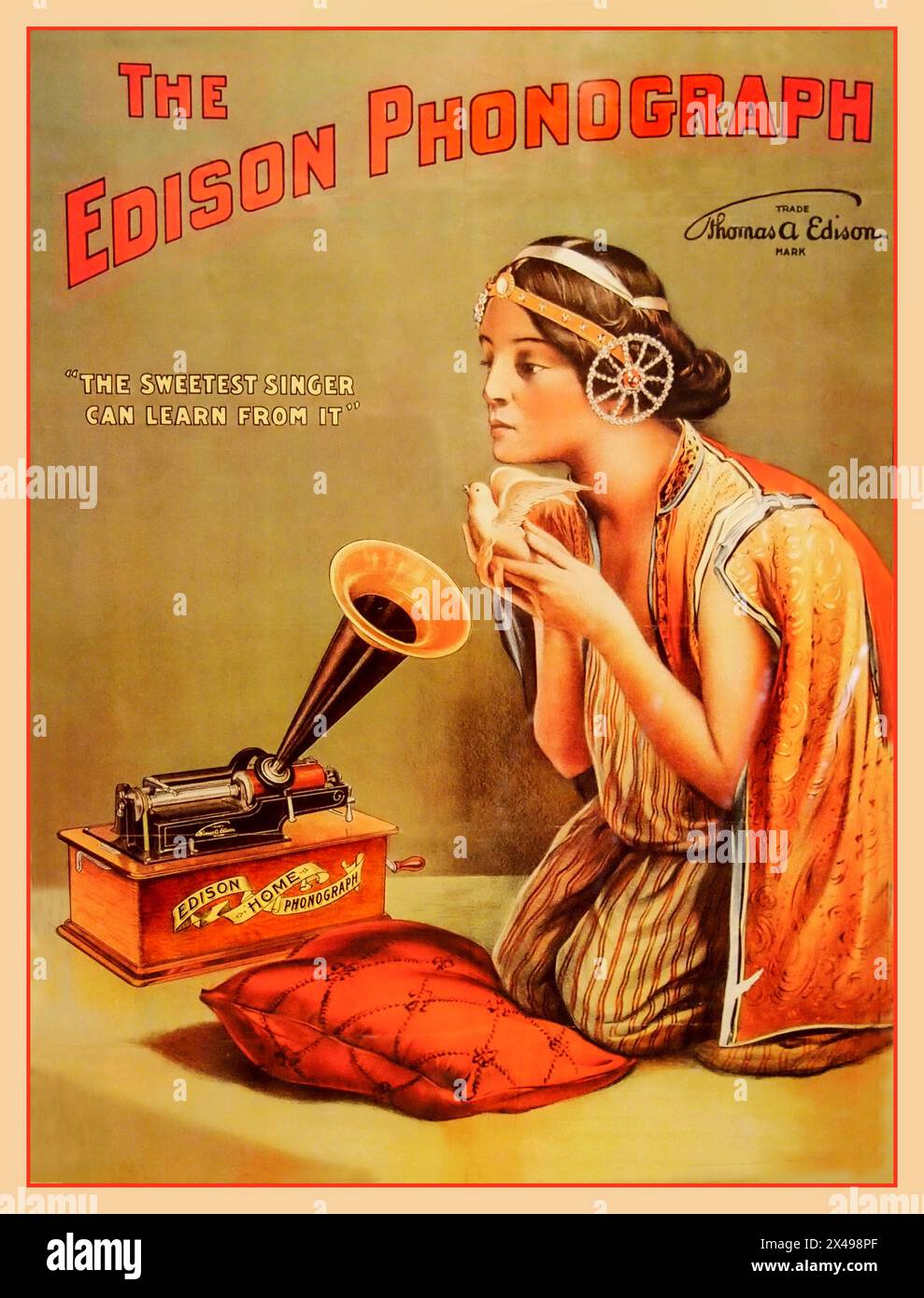 EDISON STANDARD PHONOGRAPH POSTER  1890s vintage latest invention home music and sound machine. 'The sweetest singer can learn from it' America USA Invented by renowned Thomas Edison Stock Photo