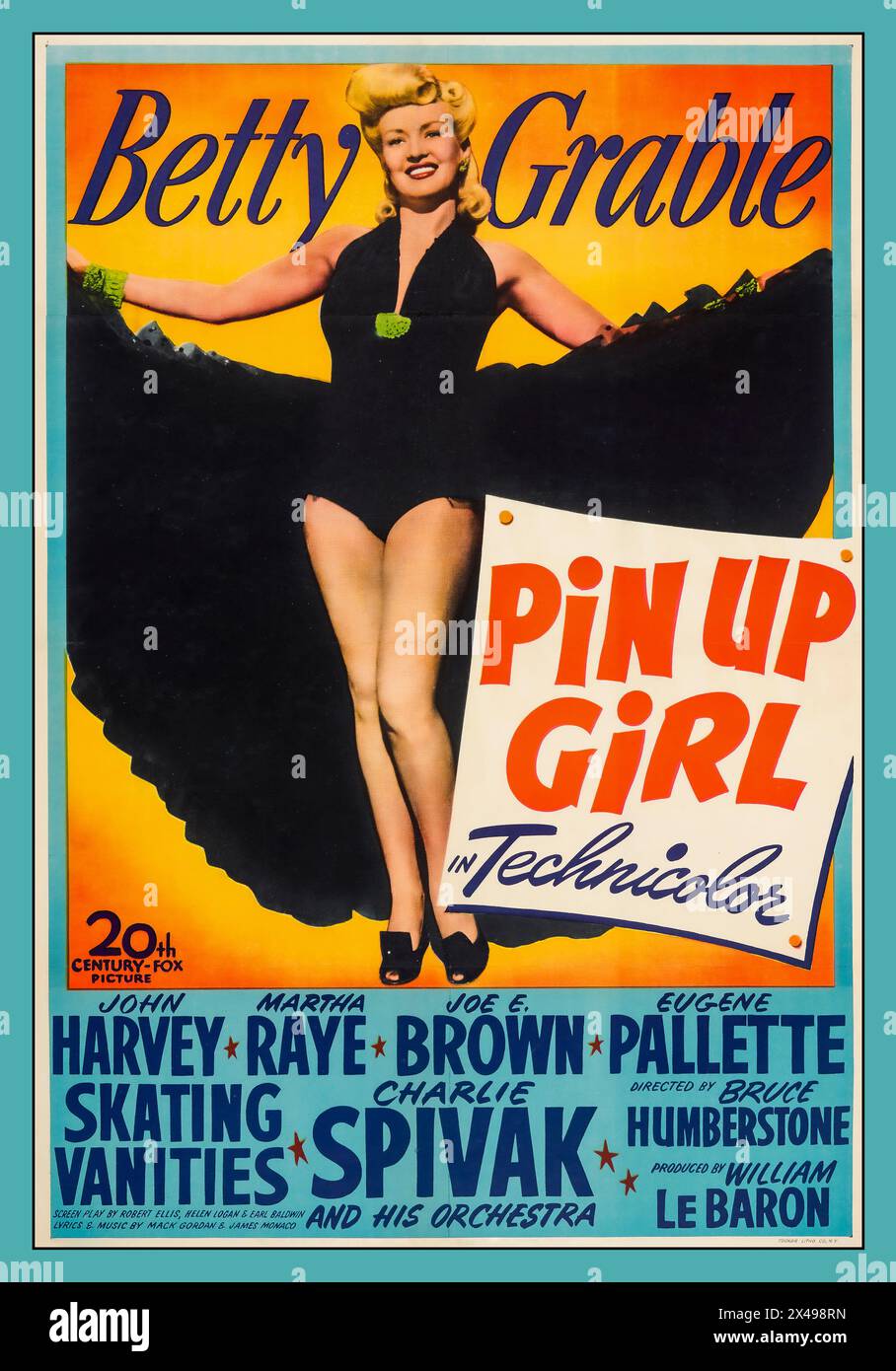 WW2 'Pin Up Girl' BETTY GRABLE vintage movie poster for a 1944 American Technicolor musical romantic comedy motion picture starring Betty Grable, John Harvey, Martha Raye, and Joe E. Brown. Directed by H. Bruce Humberstone and produced by William LeBaron, the screenplay was adapted by Robert Ellis, Helen Logan and Earl Baldwin based on a short story titled Imagine Us! (1942) by Libbie Block. Pin Up Girl capitalized on Grable's iconic pin-up status during World War II, even using her famous swimsuit photo in some parts of the movie. Stock Photo
