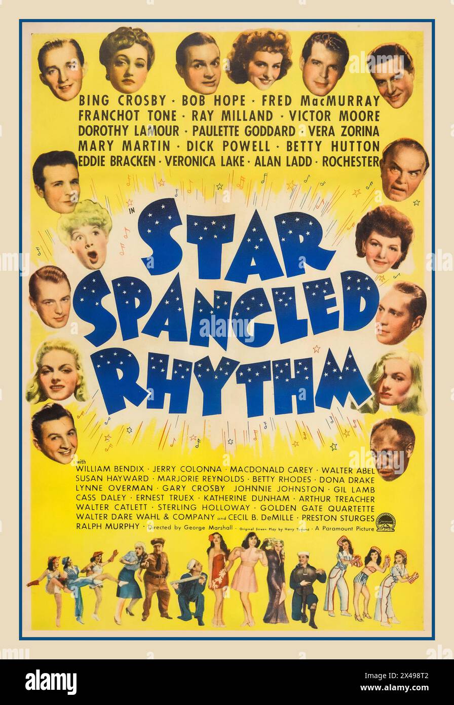 'Star Spangled Rhythm' vintage WW2 propaganda entertainment film movie, a 1942 American all-star cast including Bing Crosby, Bob Hope, Ray Milland, Alan Ladd etc., musical film made by Paramount Pictures during World War II as a morale booster. Many of the Hollywood studios produced such films during the war, generally musicals, frequently with flimsy storylines, and with the specific intent of entertaining the troops overseas and civilians back home and to encourage fundraising – as well as to show the studios' patriotism. This film was also the first released by Paramount for 8 weeks. Stock Photo