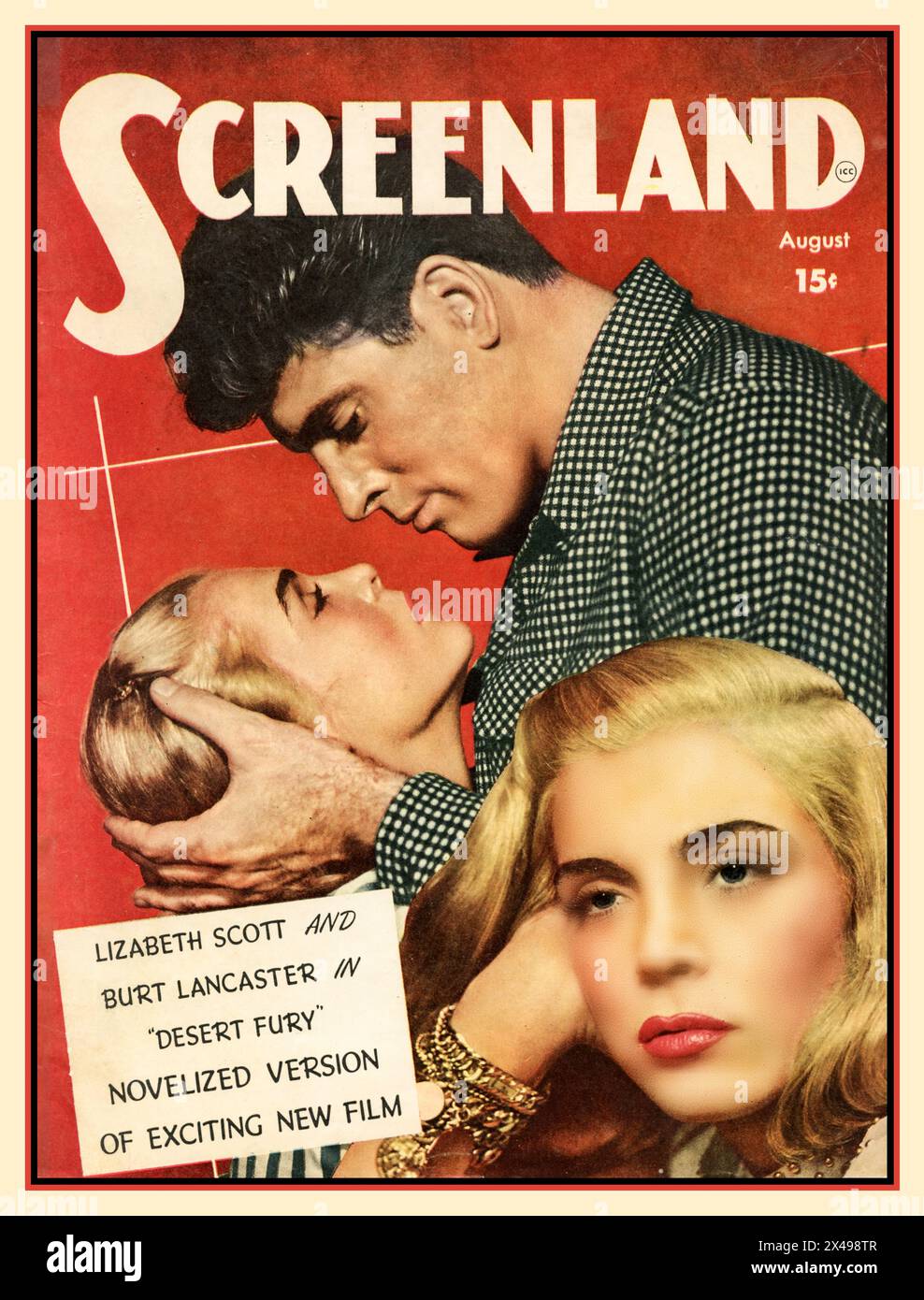 SCREENLAND 1947 Front Cover magazine promoting 'Desert Fury' a Hollywood Film Movie Starring Burt Lancaster and Lizabeth Scott . Desert Fury is a 1947 American film noir crime film directed by Lewis Allen, and starring John Hodiak, Lizabeth Scott and Burt Lancaster. Its plot follows the daughter of a casino owner in a small Nevada town who becomes involved with a racketeer who was once suspected of murdering his wife. The screenplay was written by Robert Rossen and A. I. Bezzerides,. The picture was produced by Hal Wallis, with music by Miklós Rózsa and cinematography in Technicolor Stock Photo