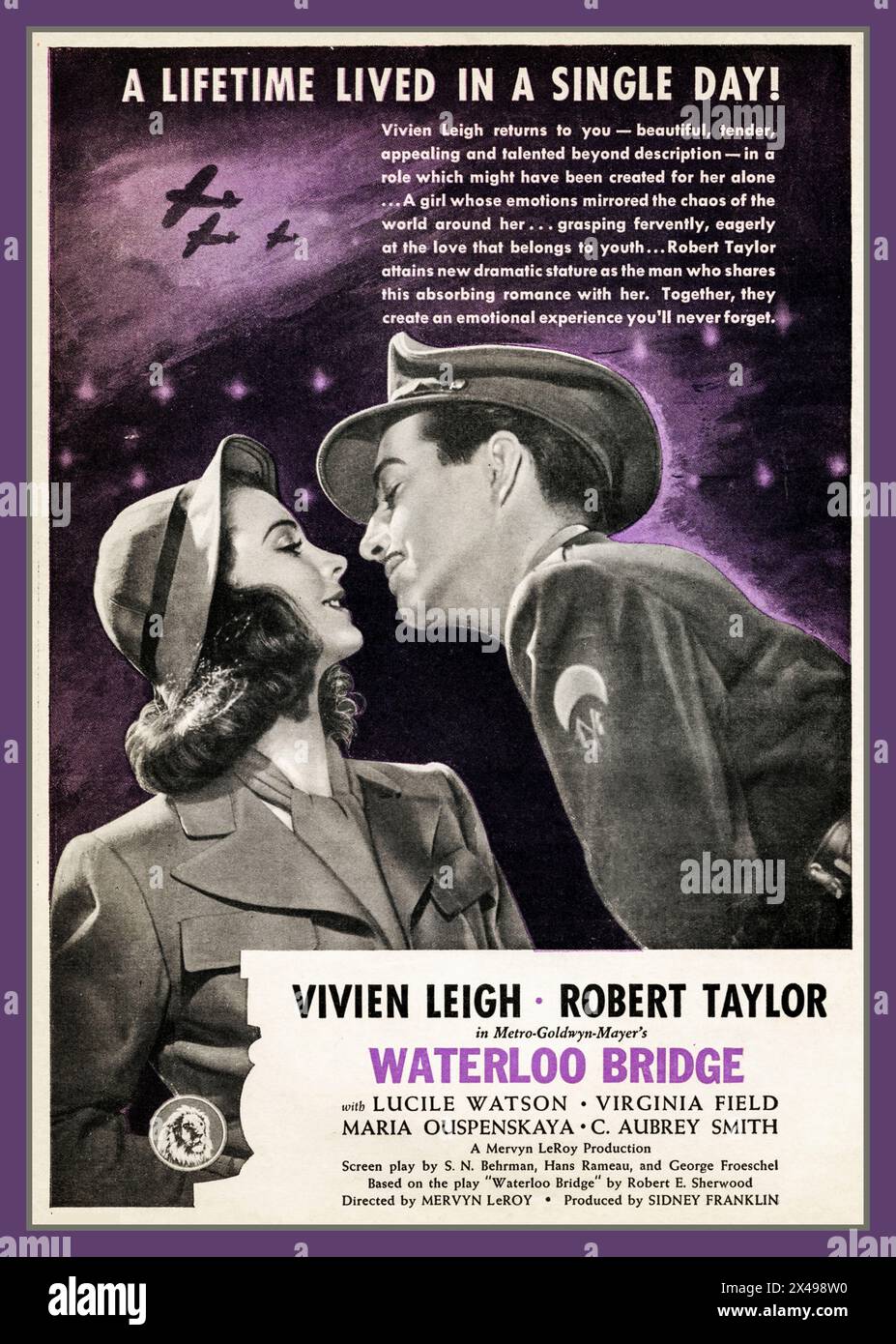 'Waterloo Bridge' vintage movie film poster, is a 1940 American drama film. In an extended flashback narration, it recounts the story of a dancer and an army captain who meet by chance on Waterloo Bridge in WW2 London. The film was made by Metro-Goldwyn-Mayer, directed by Mervyn LeRoy and produced by Sidney Franklin and Mervyn LeRoy. The screenplay is by S. N. Behrman, Hans Rameau and George Froeschel, based on the Broadway drama by Robert E. Sherwood. The music is by Herbert Stothart and cinematography by Joseph Ruttenberg. The film stars Robert Taylor and Vivien Leigh. Stock Photo