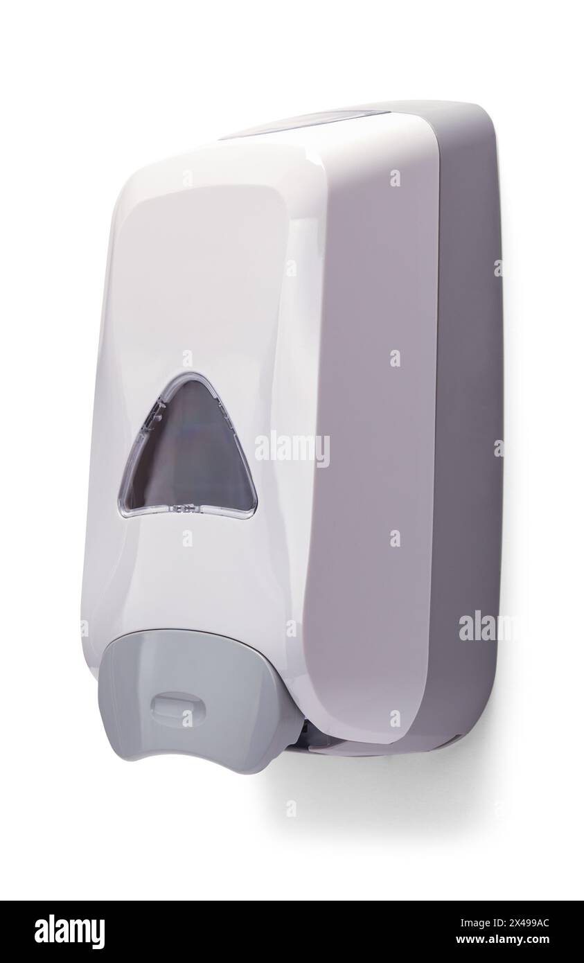 Wall Soap Dispenser Side View Cut Out on White. Stock Photo