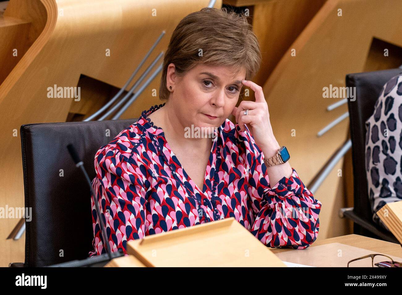 Former first minister Nicola Sturgeon during a debate on a motion of no confidence in the Scottish Government, at the Scottish Parliament in Holyrood, Edinburgh. Picture date: Wednesday May 1, 2024. Stock Photo
