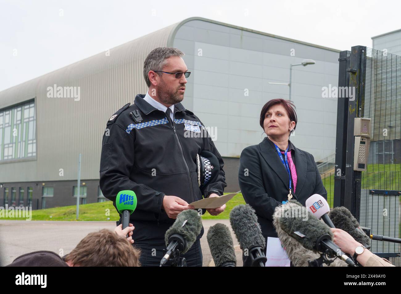 South Yorkshire Police Assistance Chief Constable Dan Thorpe and Headteacher Victoria Hall speak to the media at the Birley Academy in Sheffield, South Yorkshire, where a 17-year-old boy has been arrested on suspicion of attempted murder. A child was assaulted and two adults suffered minor injuries in the incident. Picture date: Wednesday May 1, 2024. Stock Photo