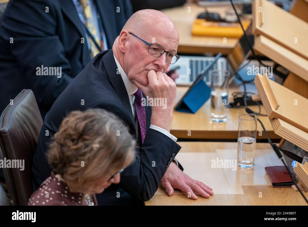 SNP's John Swinney during a debate on a motion of no confidence in the Scottish Government, at the Scottish Parliament in Holyrood, Edinburgh. Picture date: Wednesday May 1, 2024. Stock Photo