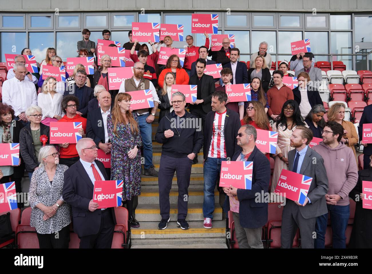 Labour Party leader Sir Keir Starmer addressing party activists at Harlow Town Football Club, in Harlow, Essex, to encourage them to continue their work taking Labour's offer to voters ahead of the local elections on Thursday. Picture date: Wednesday May 1, 2024. Stock Photo