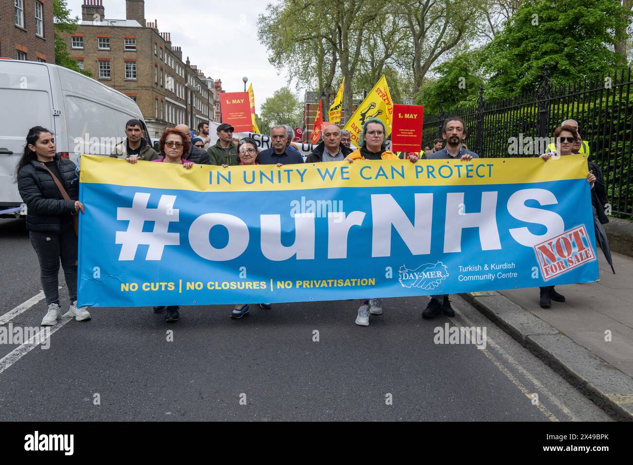 London, UK, 01st May, 2024. Demonstrators take part in the annual May Day workers demonstration. Stock Photo