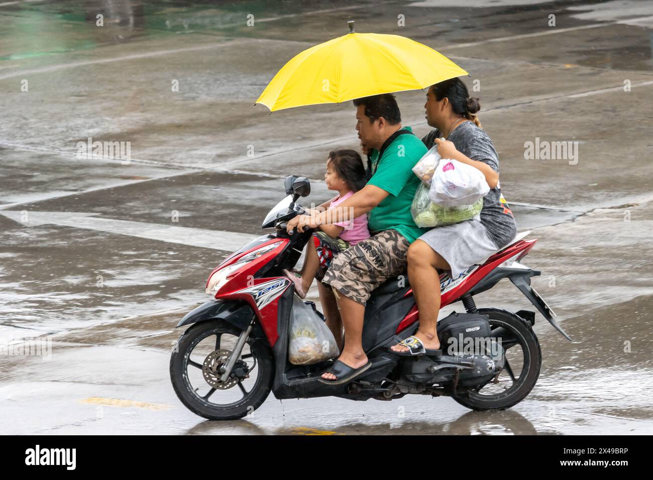 SAMUT PRAKAN, THAILAND, MAR 20 2024, A family with umbrellas ride an bike in the rain Stock Photo