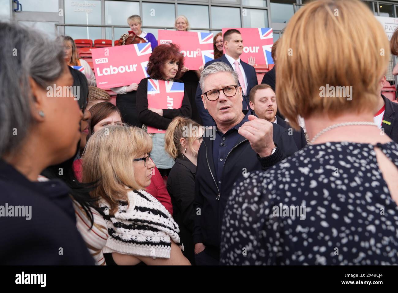 Labour Party leader Sir Keir Starmer meeting party activists at Harlow Town Football Club, in Harlow, Essex, to encourage them to continue their work taking Labour's offer to voters ahead of the local elections on Thursday. Picture date: Wednesday May 1, 2024. Stock Photo