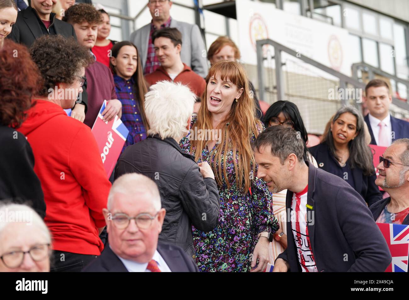 Labour deputy leader Angela Rayner meeting party activists at Harlow Town Football Club, in Harlow, Essex, to encourage them to continue their work taking Labour's offer to voters ahead of the local elections on Thursday. Picture date: Wednesday May 1, 2024. Stock Photo