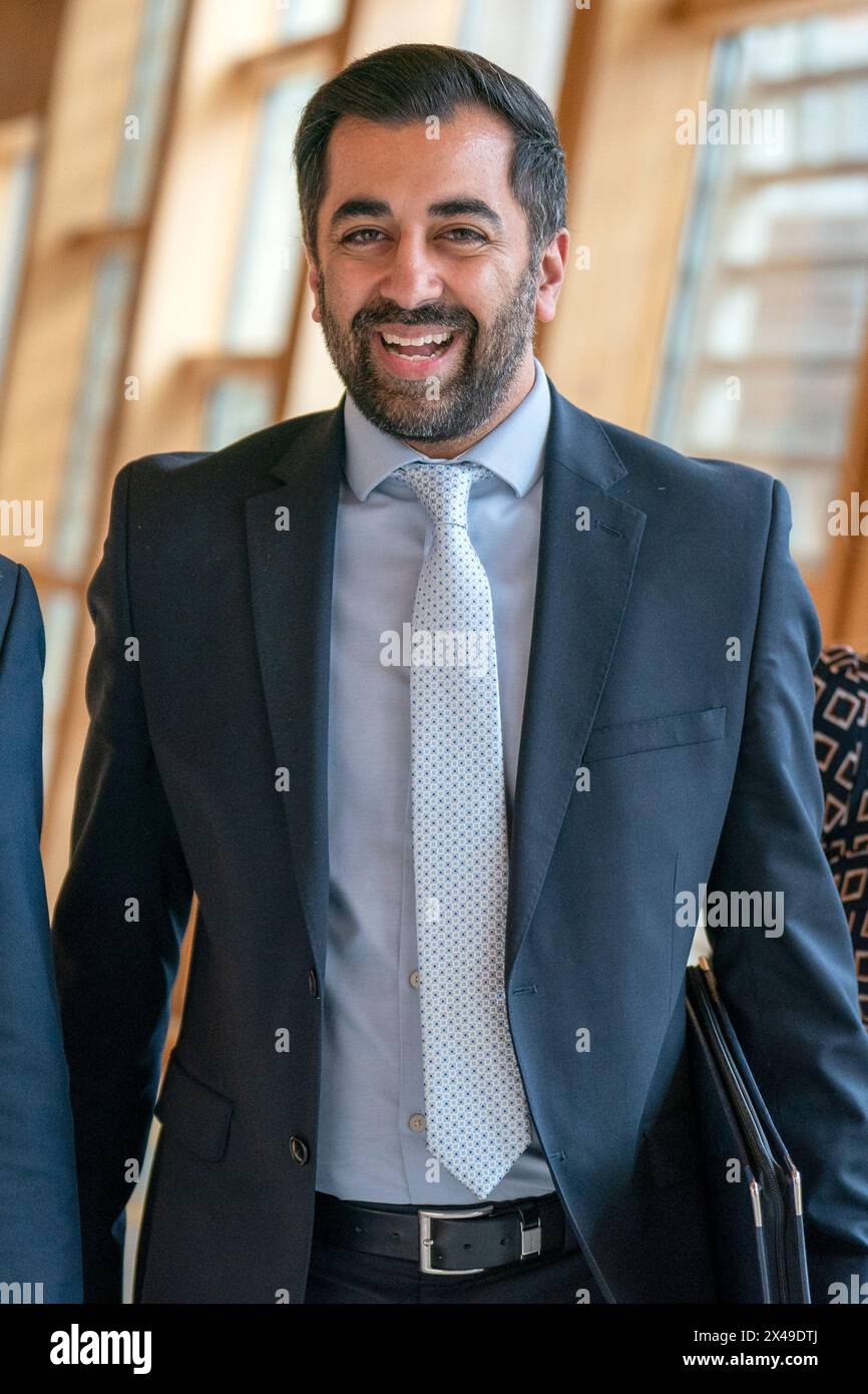 First Minister Humza Yousaf arrives for the debate on a motion of no confidence in the Scottish Government, at the Scottish Parliament in Holyrood, Edinburgh. Picture date: Wednesday May 1, 2024. Stock Photo