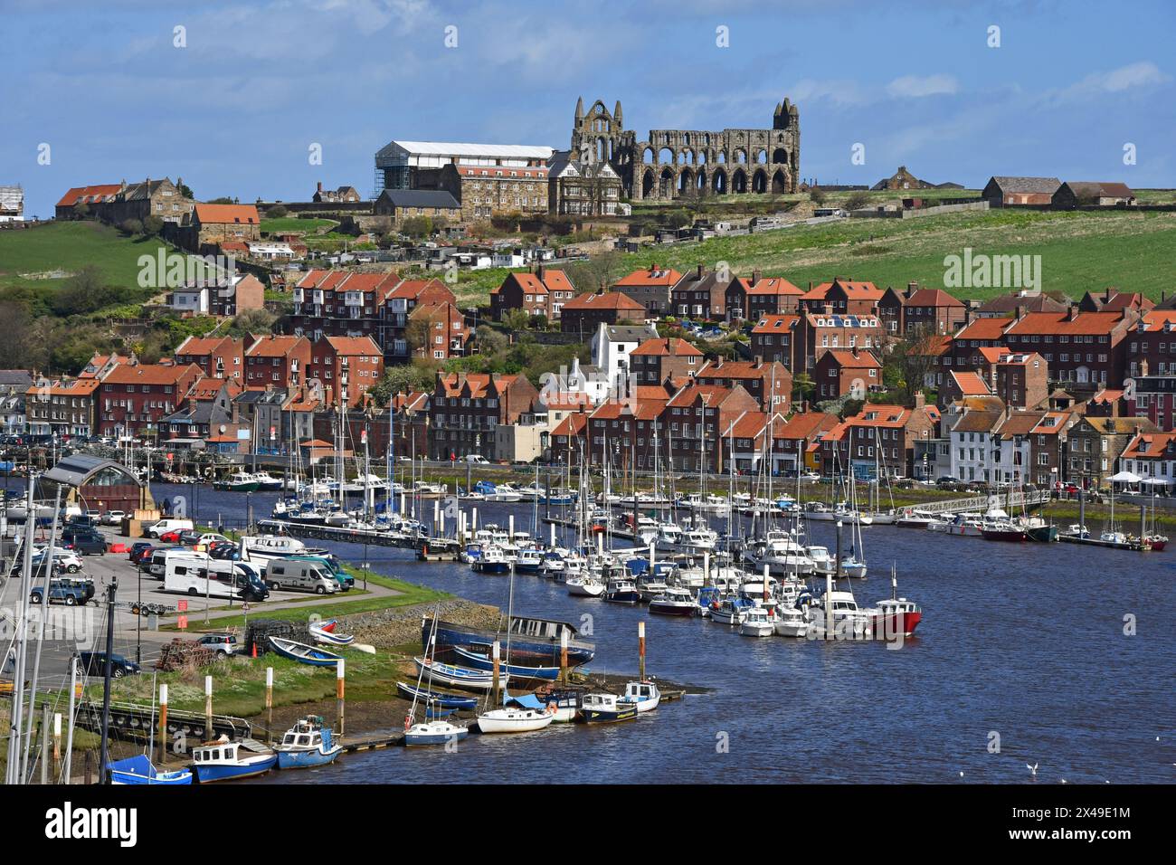 Whitby harbour, North Yorkshire, featuring the Abbey Stock Photo