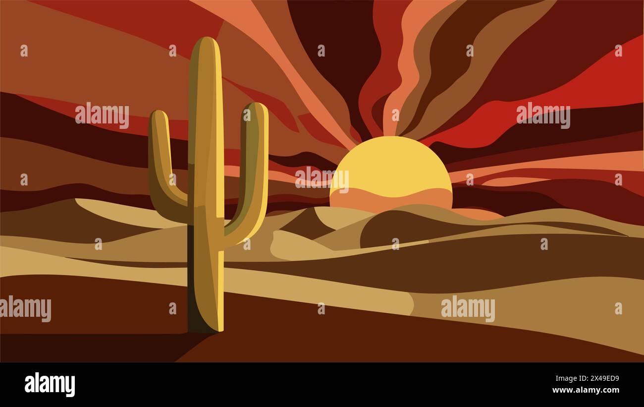 Dramatic sunset in desert landscape with cactus Stock Vector Image ...
