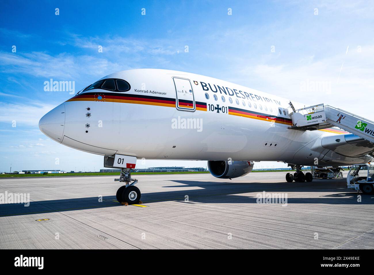 Berlin, Germany. 01st May, 2024. The Konrad Adenauer Airbus A 350 aircraft is parked at the government airport. Foreign Minister Baerbock's week-long trip to Australia, New Zealand and Fiji will focus on security policy and climate protection. Credit: Sina Schuldt/dpa/Alamy Live News Stock Photo