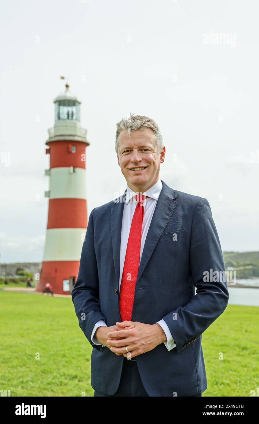 Upright image of Labour Member of Parliament, Luke Pollard, on Plymouth Hoe with Smaton’s Tower as a backdrop. Cropable with header space. Stock Photo