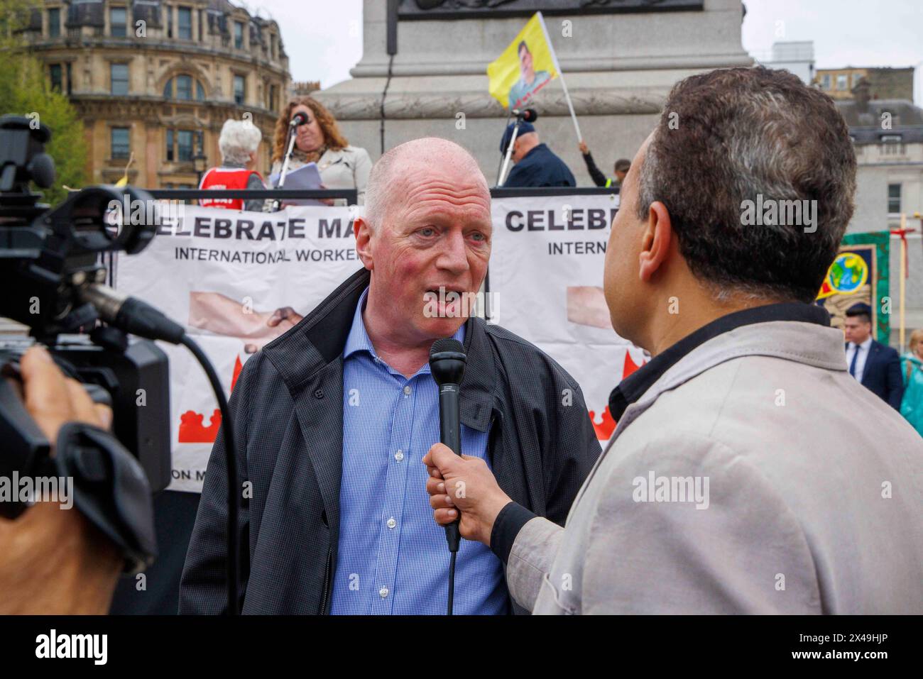London, UK. 1st May, 2024. Matt Wrack, General Secretary of the Fire Brigades Union, speaks at the Rally. Members of Trade Unions and workers take part in the annual May Day March and Rally with speeches in Trafalgar Square.The march through central London travels from Clerkenwell Green to Trafalgar Square. It celebrates the rights of workers and demands better conditions and pay. Credit: Mark Thomas/Alamy Live News Stock Photo
